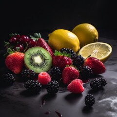 Obraz premium all fresh fruit strawberry kiwi mulberry orange apple grapes and etc
