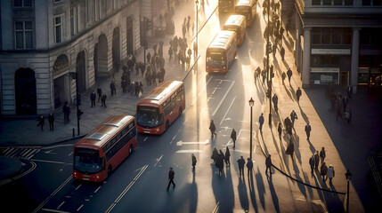 Fototapeta premium High street of fictional city with lots of people going at work in the morning. Beautiful sun light at the background. Illustration made with Generative AI 