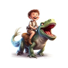 Cute boy 3D style, riding my favorite dinosaur - generative AI illustration