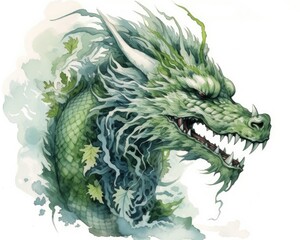 Naklejka premium A watercolor print featuring an Asian inspired green dragon, adorned with intricate patterns and delicate brushstrokes