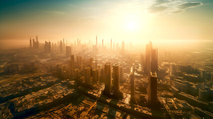 Beautiful futuristic city view at sunset. AI generative illustration