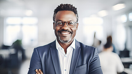 Fototapeta premium Portrait of successful businessman in office, smiling to camera, blur of office workers at the background. Illustration made with generative AI
