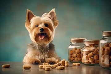 Yorkshire terrier puppy with probiotic treats created by generative AI - obrazy, fototapety, plakaty