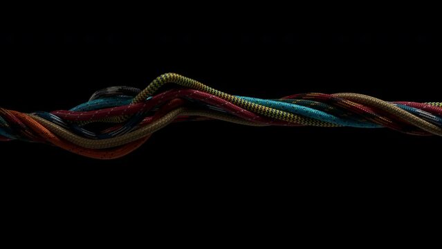 Colorful 3D Rendered Twisted Para Cord Animation Over Black Background
