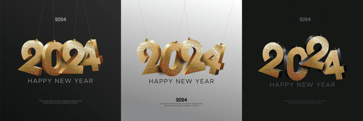 Happy new year 2024 square template with gold 3D hanging number. 2024 new year celebration