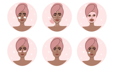 Woman taking care of her  skin. Skincare routine vector icon set.