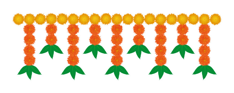 Garland Of Red And Yellow Marigold Flowers And Mango Leaves