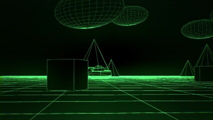 Retro 3D tank battle arcade game. Vintage 8bit computer arcade game. Game over, defeat concept. Wireframe pixelated graphics.. Nostalgia 80s, 90s. Retrowave. High quality 4k footage