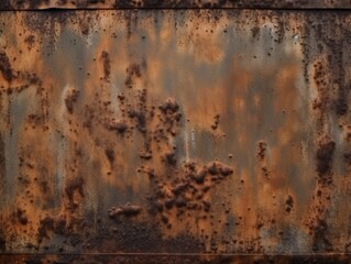 Apokalyptische &Auml;sthetik: Rostige, verwitterte Metallwand in Farbe, dargestellt in dunklem Bronze und Orange, unterstrichen von postapokalyptischen Kulissen und nebliger Atmosph&auml;re, Generative AI