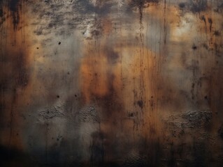 Fototapeta premium Apokalyptische Ästhetik: Rostige, verwitterte Metallwand in Farbe, dargestellt in dunklem Bronze und Orange, unterstrichen von postapokalyptischen Kulissen und nebliger Atmosphäre, Generative AI