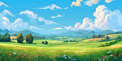Obraz premium Summer fields, hills landscape, green grass, blue sky with clouds, flat style cartoon painting illustration. Generative AI.