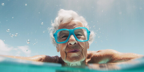 Senior elderly woman swimming in the ocean on snorkel holiday vacation, Close up portrait, Generative AI