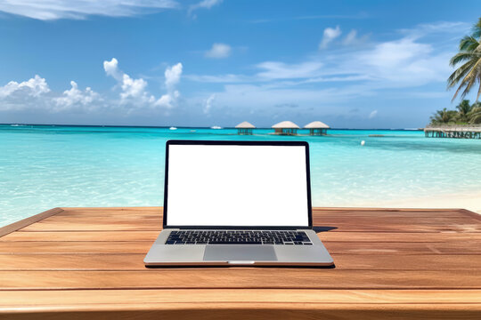 Laptop with transparent screen on top of wooden table on tropical island beach, remote work concept, Generative AI © Kaleb