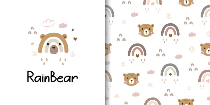 Set of seamless patterns with cute bear and rainbow. Designs for fabric, textiles, wrapping and wallpaper. Vector illustration