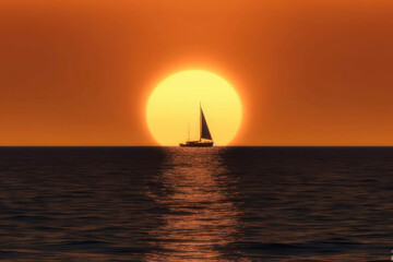 A sailboat at sunrise on the sea.