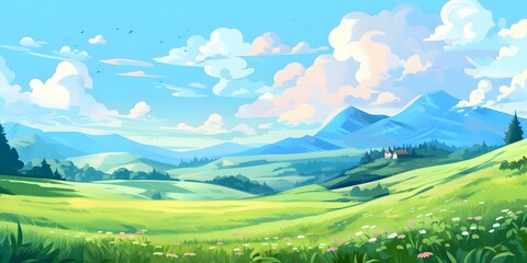 Summer fields, hills landscape, green grass, blue sky with clouds, flat style cartoon painting illustration. Generative AI.