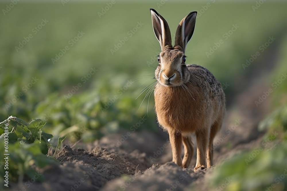 Wall mural Brown Hare on a Field Generative AI - Wall murals