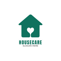 House care logo. Green house with love flat design vector