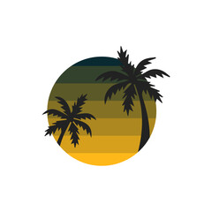 Fototapeta na wymiar sunsets, beach and palm tree. style 80s, and 90s. Abstract background with a sunny gradient. Silhouettes of palm trees. Vector design template for logo, badges. Isolated white background.