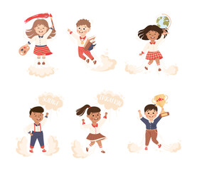 Superhero Kid at School Flying Forward Achieving Goal and Gaining Knowledge Vector Set