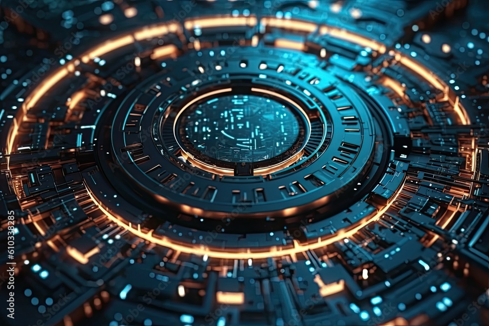 Poster futuristic abstract circular technology background. digital hologram screen.generative ai