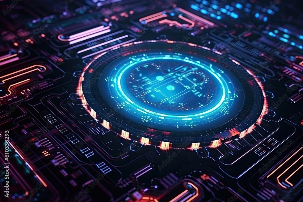 Poster futuristic abstract circular technology background. digital hologram screen.generative ai