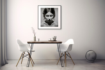 A table in front of a wall with a frame on it. Minimalistic interior design composition. Generative AI