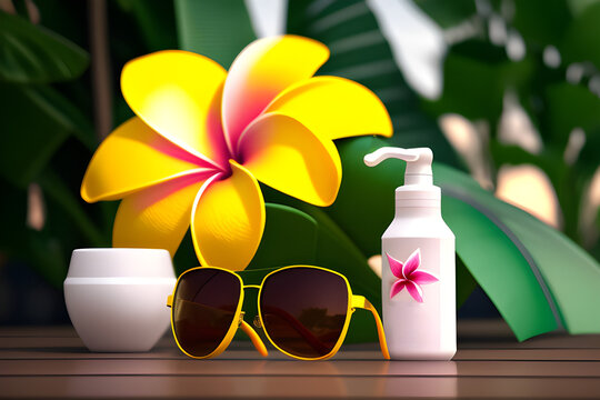 Composition with sunglasses, bottle of sunscreen, plumeria flowers surrounded by plants. Summer vacation and heat. generative AI