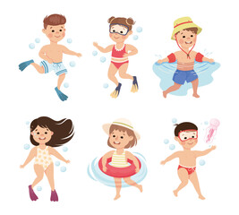 Little Children Swimming with Rubber Ring in Water Vector Set