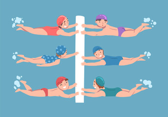 Fototapeta premium Cute Kids Swimming in Pool at Class Vector Set