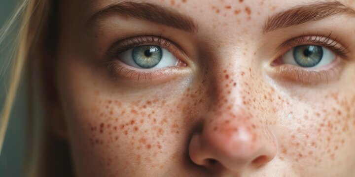 Close up portrait of a beautiful girl with freckles. Problem skin face, freckle on face. Celebration of Self