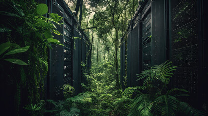 Server room taken over by nature,green server room,nature and technology,data centre,energy saving