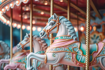 Fototapeta na wymiar Close up of a traditional carousel at a fair or amusement park pastel colores created with AI generative tools