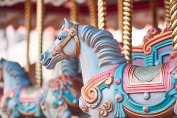 Fototapeta na wymiar Close up of a traditional carousel at a fair or amusement park pastel colores created with AI generative tools