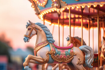 Close up of a traditional carousel at a fair or amusement park pastel colores created with AI generative tools