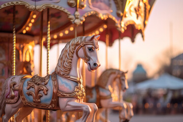 Close up of a traditional carousel at a fair or amusement park pastel colores created with AI generative tools - obrazy, fototapety, plakaty