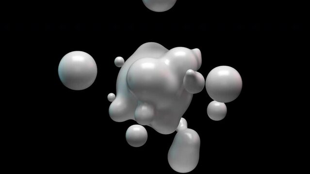 3D bubbles separate and reattach from liquid plastic sphere on black background. Technology, future science or chemistry concept. Floating abstract liquid. Seamless loop, alpha matte, Z-Depth included