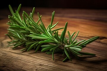Rosemary with its needle-like leaves and woody stem on a wooden table