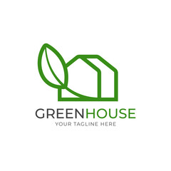 Green house logo. Green house with leaf outline style logo vector design
