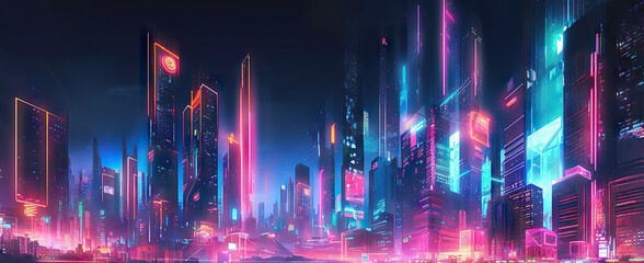 Cyberpunk cityscape. Futuristic night in digital town. Neon lights. Sci Fi city background. Generative AI illustrations © Thares2020