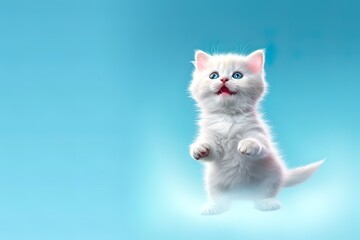 A cute little white cat on a blue background, generated by ai