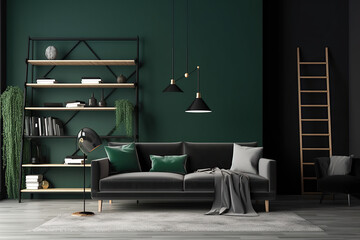 Interior with green sofa and ladder shelf in modern home, living room, created with Generative AI