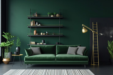 Interior with green sofa and ladder shelf in modern home, living room, created with Generative AI