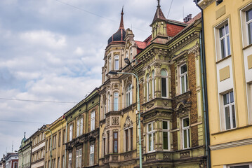 Fototapeta na wymiar Buildings on Hlavni Street in Cesky Tesin city, Czech Republic