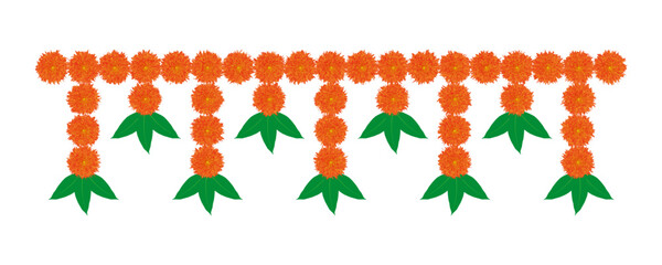 Garland Of Red Marigold Flowers And Mango Leaves
