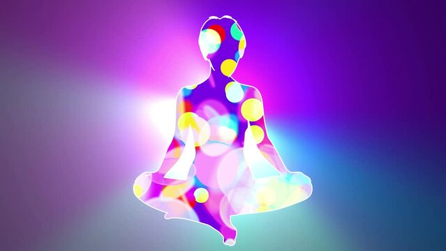 Colourful meditation.
Silhouette of a woman sitting cross-legged filled colourful circles. Loops. 