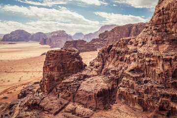 Rocks above Lawrence House in Wadi Rum valley in Jordan