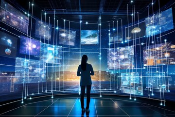 Digital Transformation: Integration between technology and business, with elements such as augmented reality overlays on physical products. Generative ai.