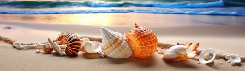 white shells on a beach with waves and blue ocean background