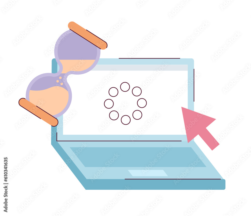 Aufkleber loading notebook flat concept vector spot illustration. laptop with hourglass and arrow cursor 2d ca